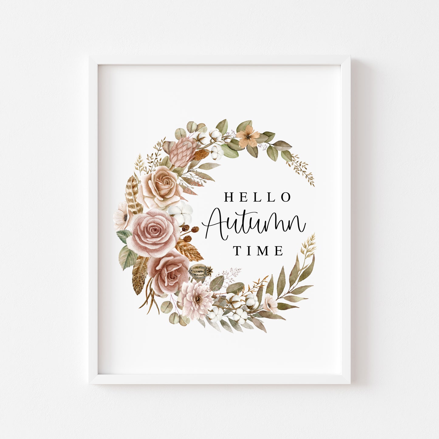 Fall Wreath Print Hello Autumn time botanical Watercolour seasonal unframed art