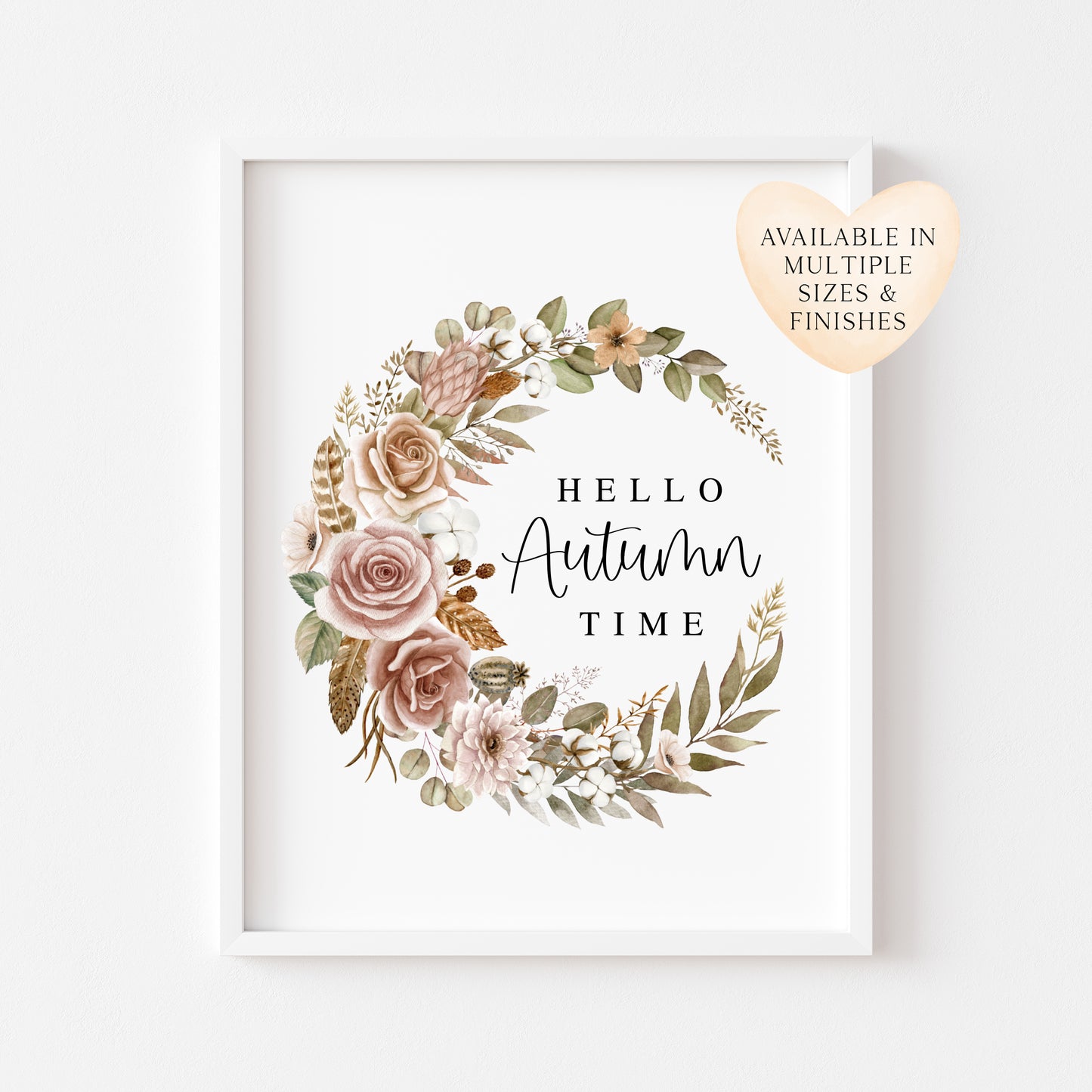 Fall Wreath Print Hello Autumn time botanical Watercolour seasonal unframed art