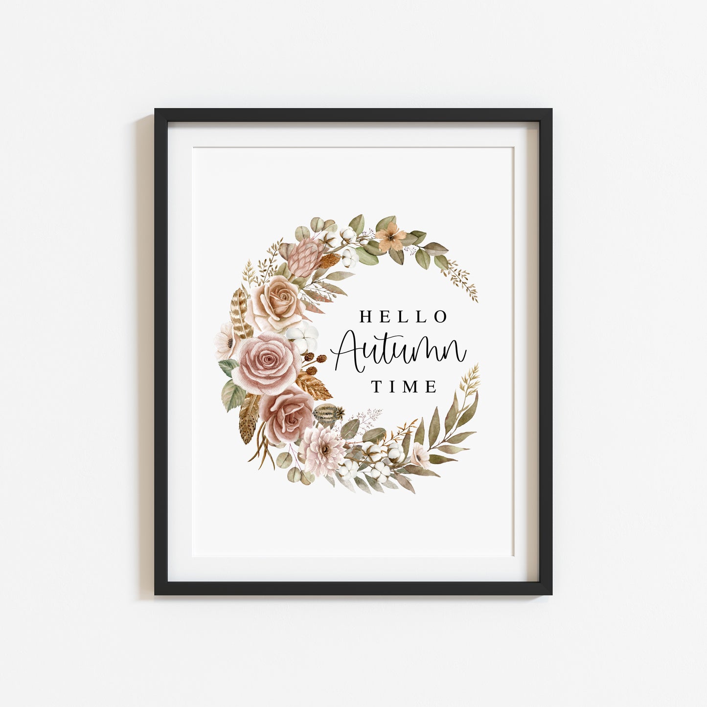 Fall Wreath Print Hello Autumn time botanical Watercolour seasonal unframed art