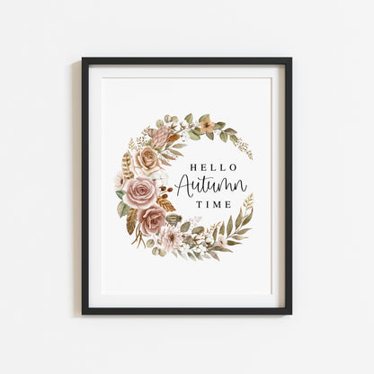 Fall Wreath Print Hello Autumn time botanical Watercolour seasonal unframed art