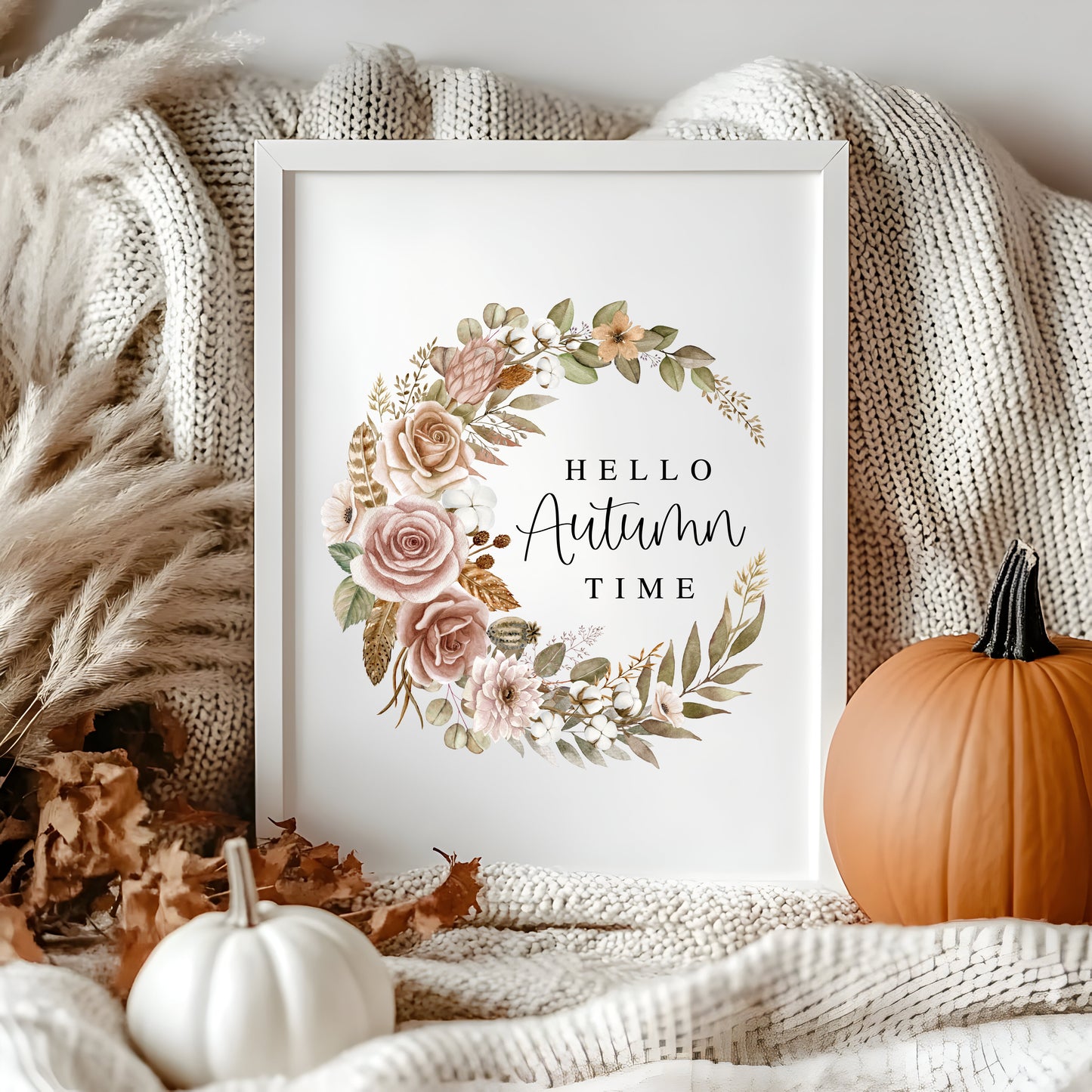 Fall Wreath Print Hello Autumn time botanical Watercolour seasonal unframed art