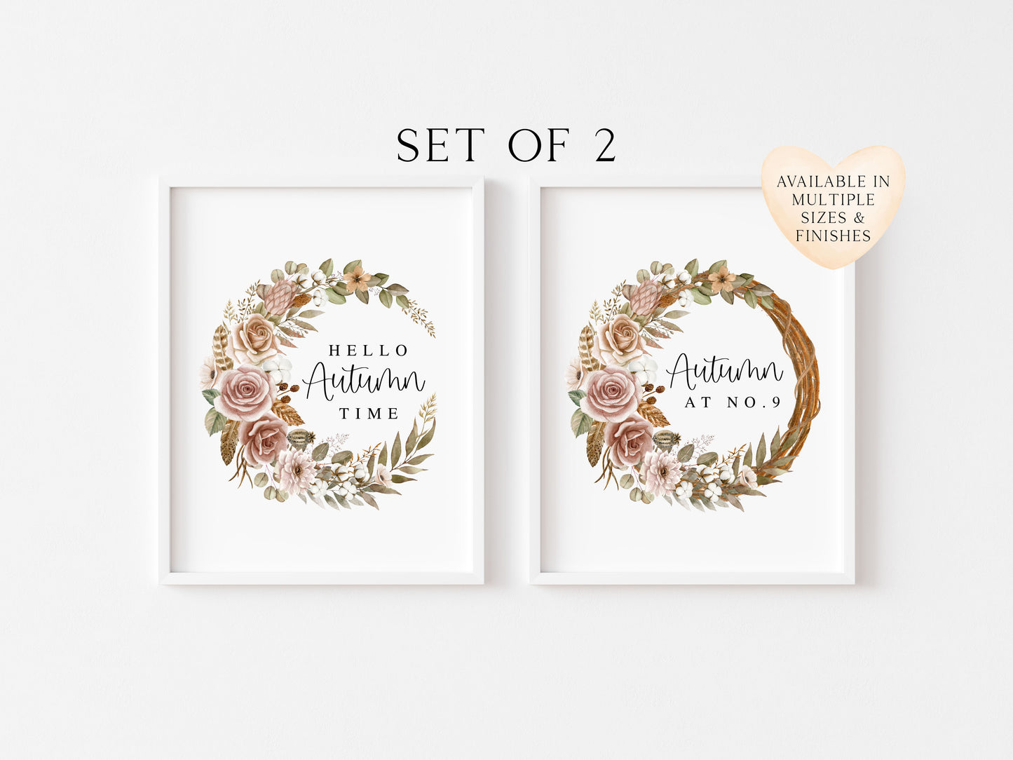 Autumn prints, set of 2 fall wreath personalised Seasonal unframed wall art posters