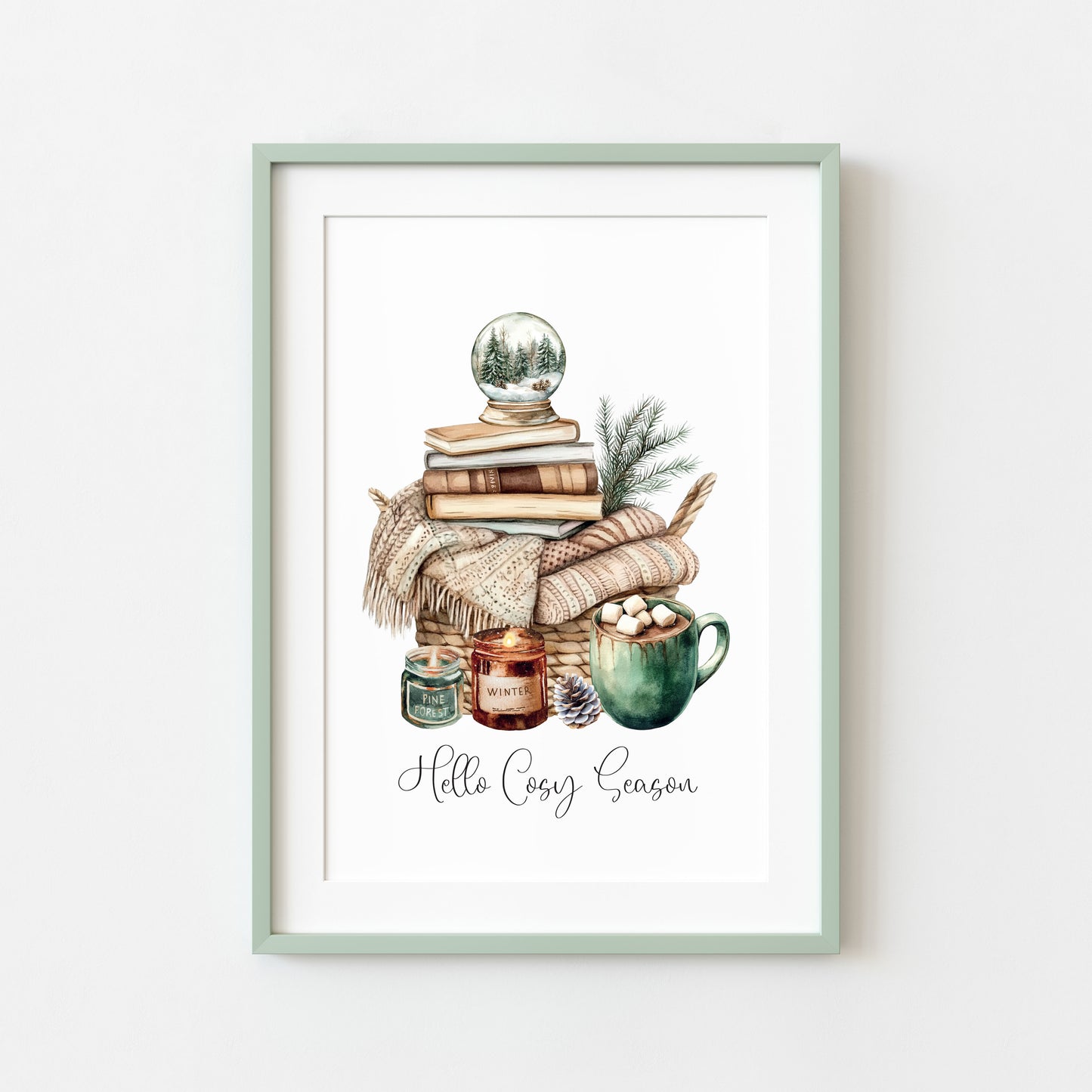 Christmas Print Cosy season Beige & Green watercolour Wall Art (unframed)
