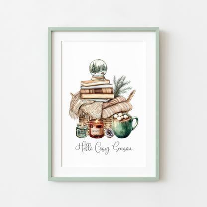Christmas Print Cosy season Beige & Green watercolour Wall Art (unframed)