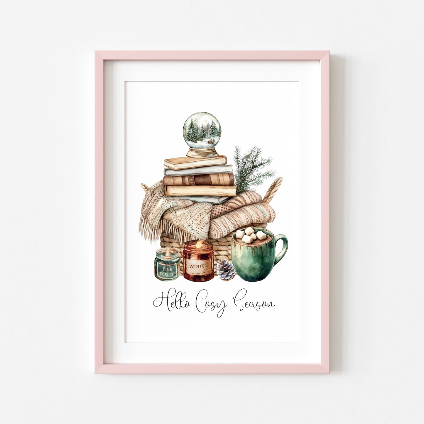 Christmas Print Cosy season Beige & Green watercolour Wall Art (unframed)