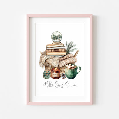 Christmas Print Cosy season Beige & Green watercolour Wall Art (unframed)