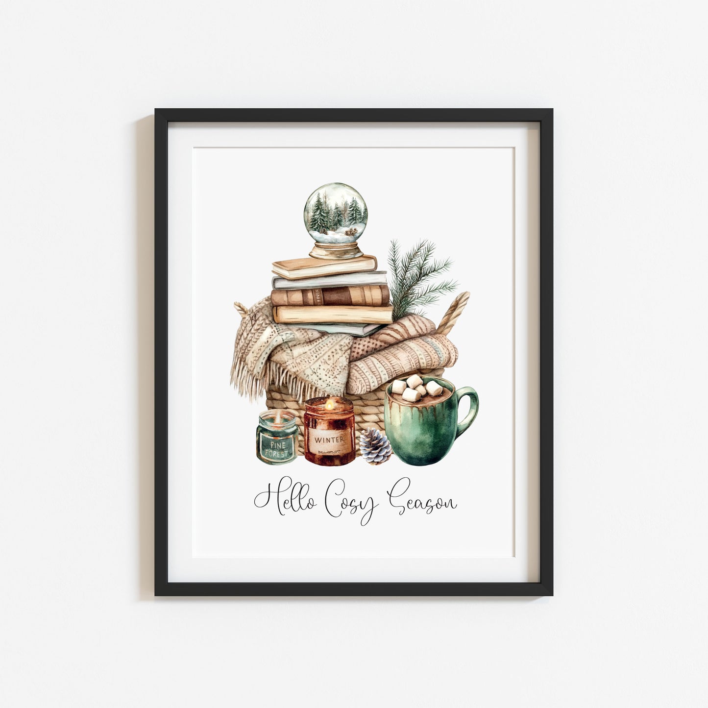 Christmas Print Cosy season Beige & Green watercolour Wall Art (unframed)