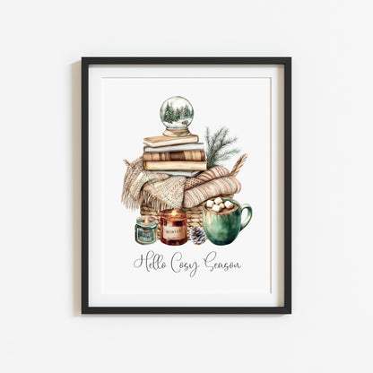 Christmas Print Cosy season Beige & Green watercolour Wall Art (unframed)