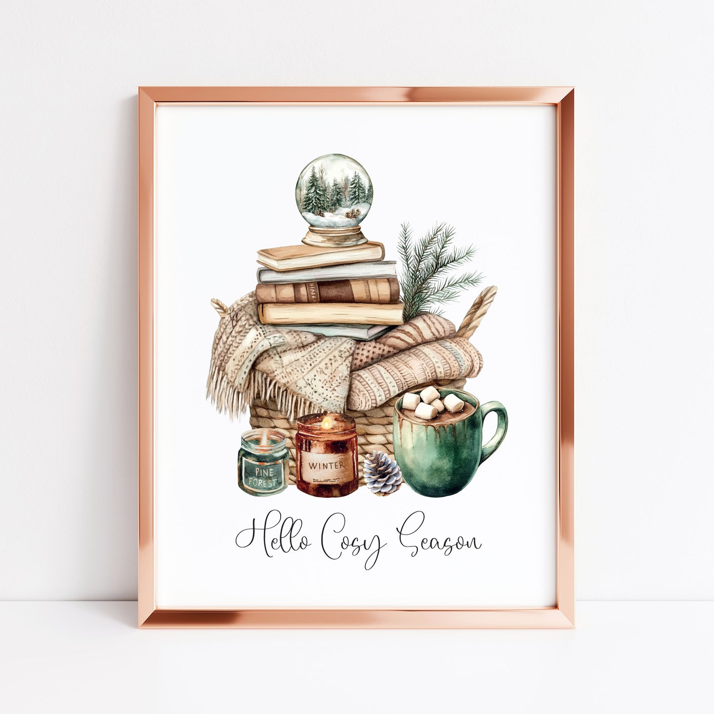 Christmas Print Cosy season Beige & Green watercolour Wall Art (unframed)