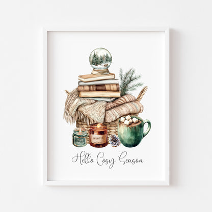 Christmas Print Cosy season Beige & Green watercolour Wall Art (unframed)