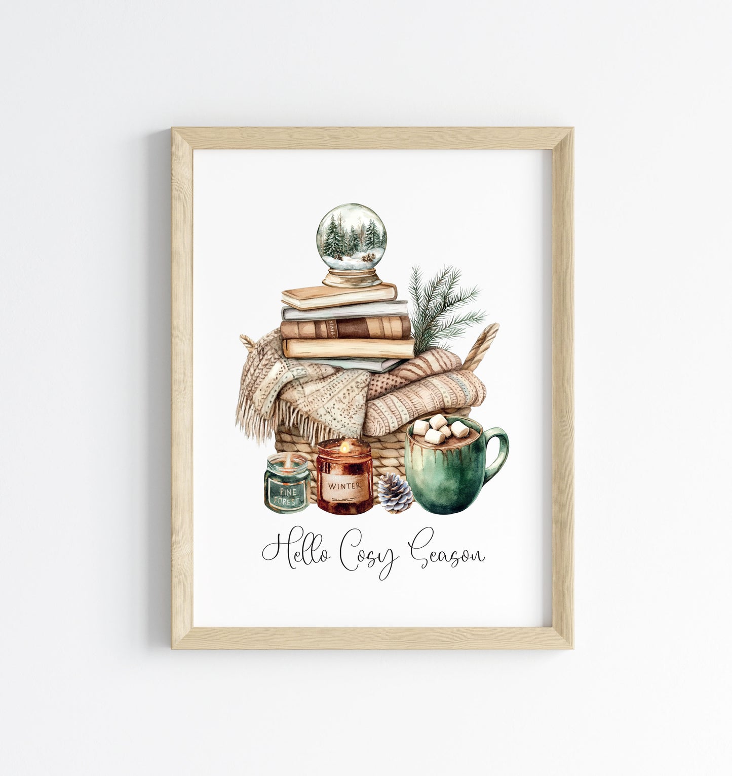 Christmas Print Cosy season Beige & Green watercolour Wall Art (unframed)