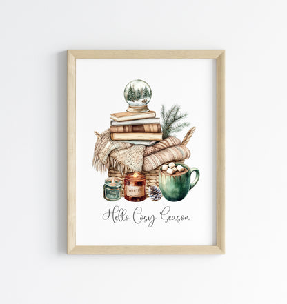 Christmas Print Cosy season Beige & Green watercolour Wall Art (unframed)