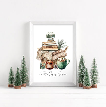 Christmas Print Cosy season Beige & Green watercolour Wall Art (unframed)