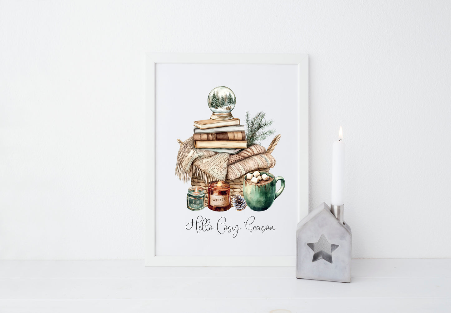 Christmas Print Cosy season Beige & Green watercolour Wall Art (unframed)