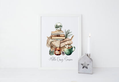Christmas Print Cosy season Beige & Green watercolour Wall Art (unframed)