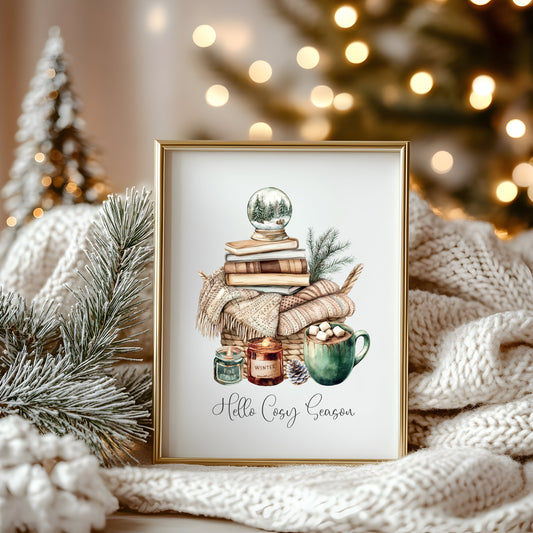 Christmas Print Cosy season Beige & Green watercolour Wall Art (unframed)