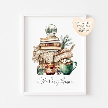 Christmas Print Cosy season Beige & Green watercolour Wall Art (unframed)
