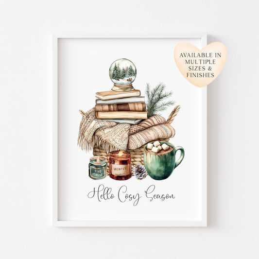 Christmas Print Cosy season Beige & Green watercolour Wall Art (unframed)