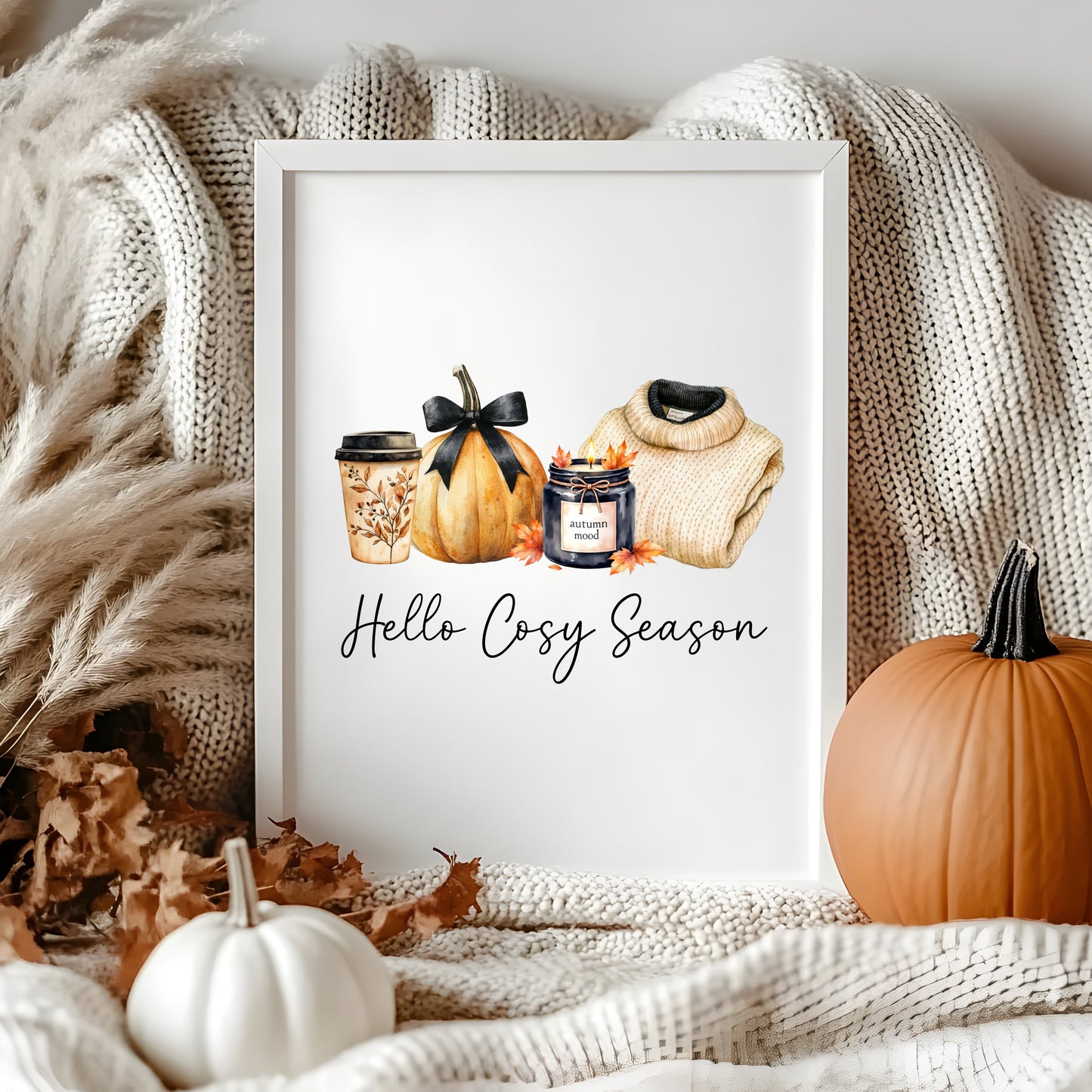 Hello Cosy season, Autumn Fall Print Home Decor seasonal wall art poster (unframed)