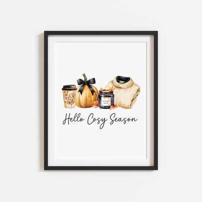 Hello Cosy season, Autumn Fall Print Home Decor seasonal wall art poster (unframed)
