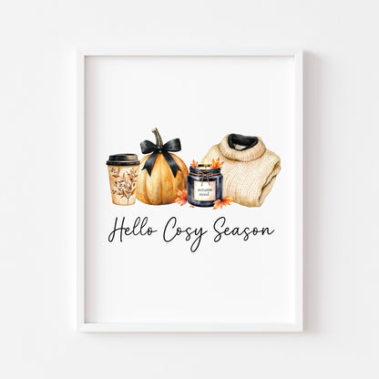 Hello Cosy season, Autumn Fall Print Home Decor seasonal wall art poster (unframed)