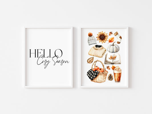 Set of 2 Hello Autumn Prints Hello Cosy season fall mood board unframed wall art poster prints