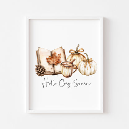 Autumn print, Hello Cosy season pumpkins books autumn unframed wall art poster print, autumn decor, autumn home decor, fall favourites