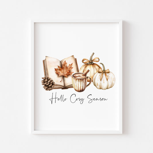 Autumn print, Hello Cosy season pumpkins books autumn unframed wall art poster print, autumn decor, autumn home decor, fall favourites