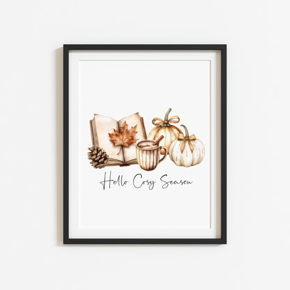 Autumn print, Hello Cosy season pumpkins books autumn unframed wall art poster print, autumn decor, autumn home decor, fall favourites