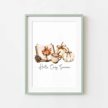 Autumn print, Hello Cosy season pumpkins books autumn unframed wall art poster print, autumn decor, autumn home decor, fall favourites