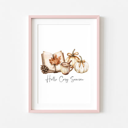 Autumn print, Hello Cosy season pumpkins books autumn unframed wall art poster print, autumn decor, autumn home decor, fall favourites