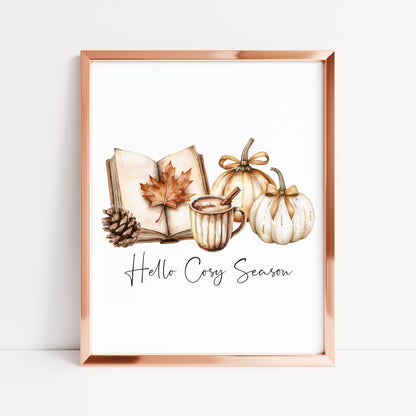 Autumn print, Hello Cosy season pumpkins books autumn unframed wall art poster print, autumn decor, autumn home decor, fall favourites