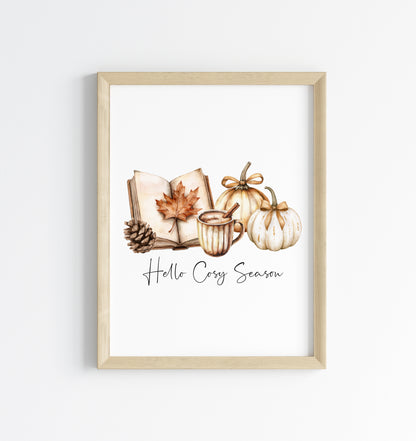 Autumn print, Hello Cosy season pumpkins books autumn unframed wall art poster print, autumn decor, autumn home decor, fall favourites