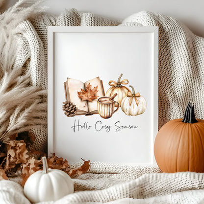 Autumn print, Hello Cosy season pumpkins books autumn unframed wall art poster print, autumn decor, autumn home decor, fall favourites
