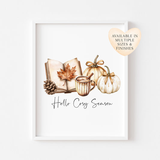 Autumn print, Hello Cosy season pumpkins books autumn unframed wall art poster print, autumn decor, autumn home decor, fall favourites