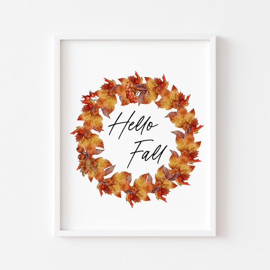 Hello Fall orange red leaves wreath autumn leaves illustration unframed wall art poster print