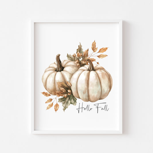 Autumn print Hello Fall Pumpkin & leaves seasonal Fall home decor unframed wall art poster print