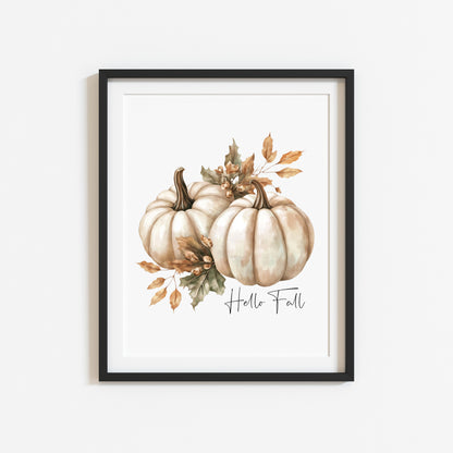 Autumn print Hello Fall Pumpkin & leaves seasonal Fall home decor unframed wall art poster print