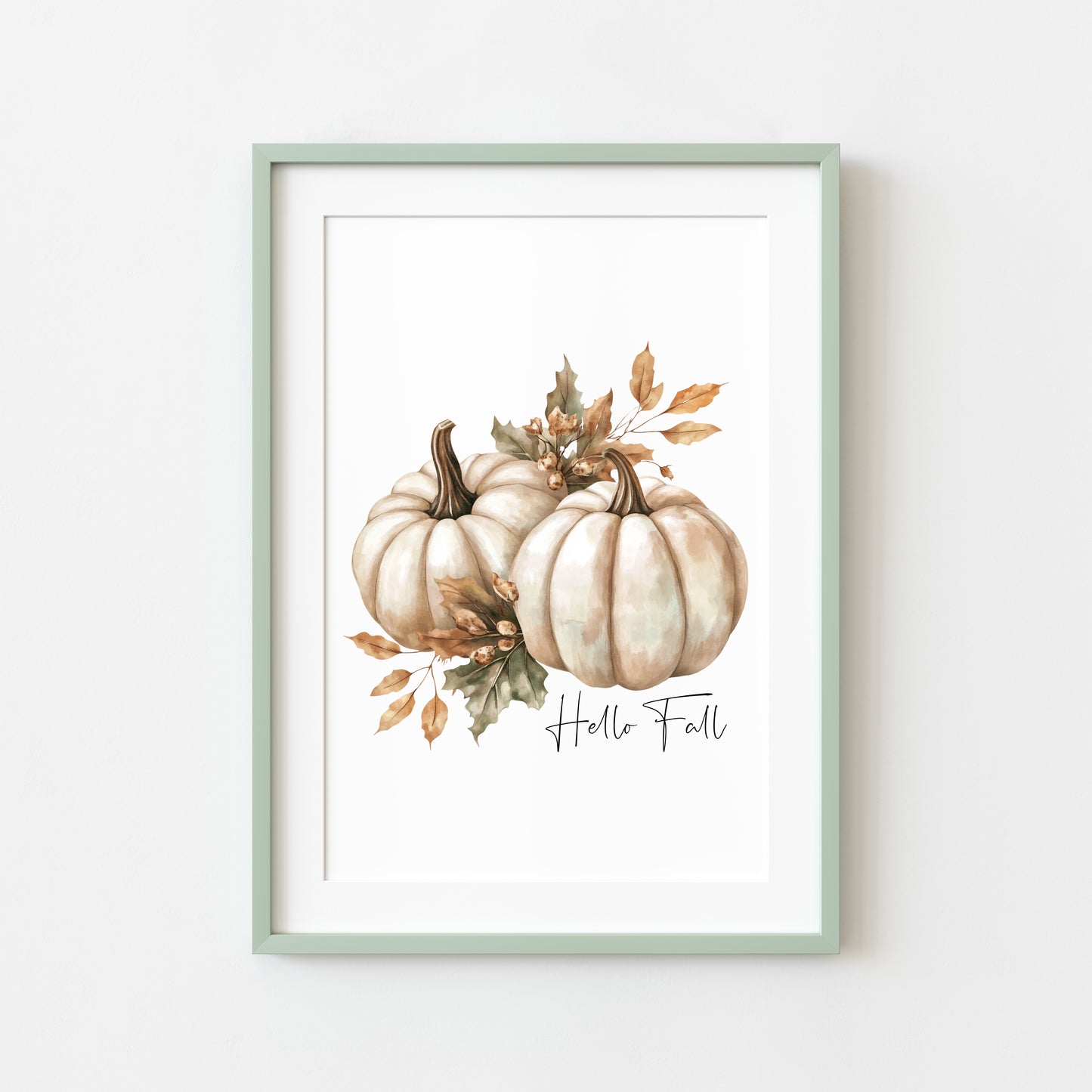 Autumn print Hello Fall Pumpkin & leaves seasonal Fall home decor unframed wall art poster print
