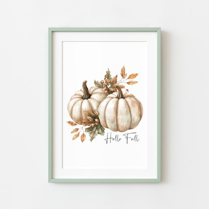 Autumn print Hello Fall Pumpkin & leaves seasonal Fall home decor unframed wall art poster print