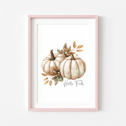 Autumn print Hello Fall Pumpkin & leaves seasonal Fall home decor unframed wall art poster print