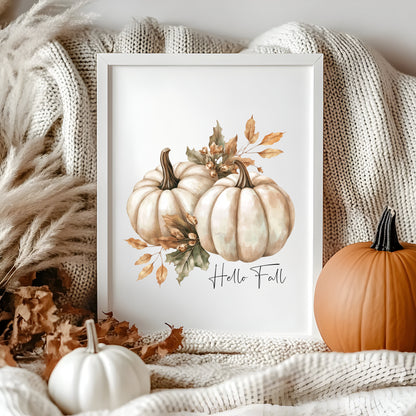 Autumn print Hello Fall Pumpkin & leaves seasonal Fall home decor unframed wall art poster print