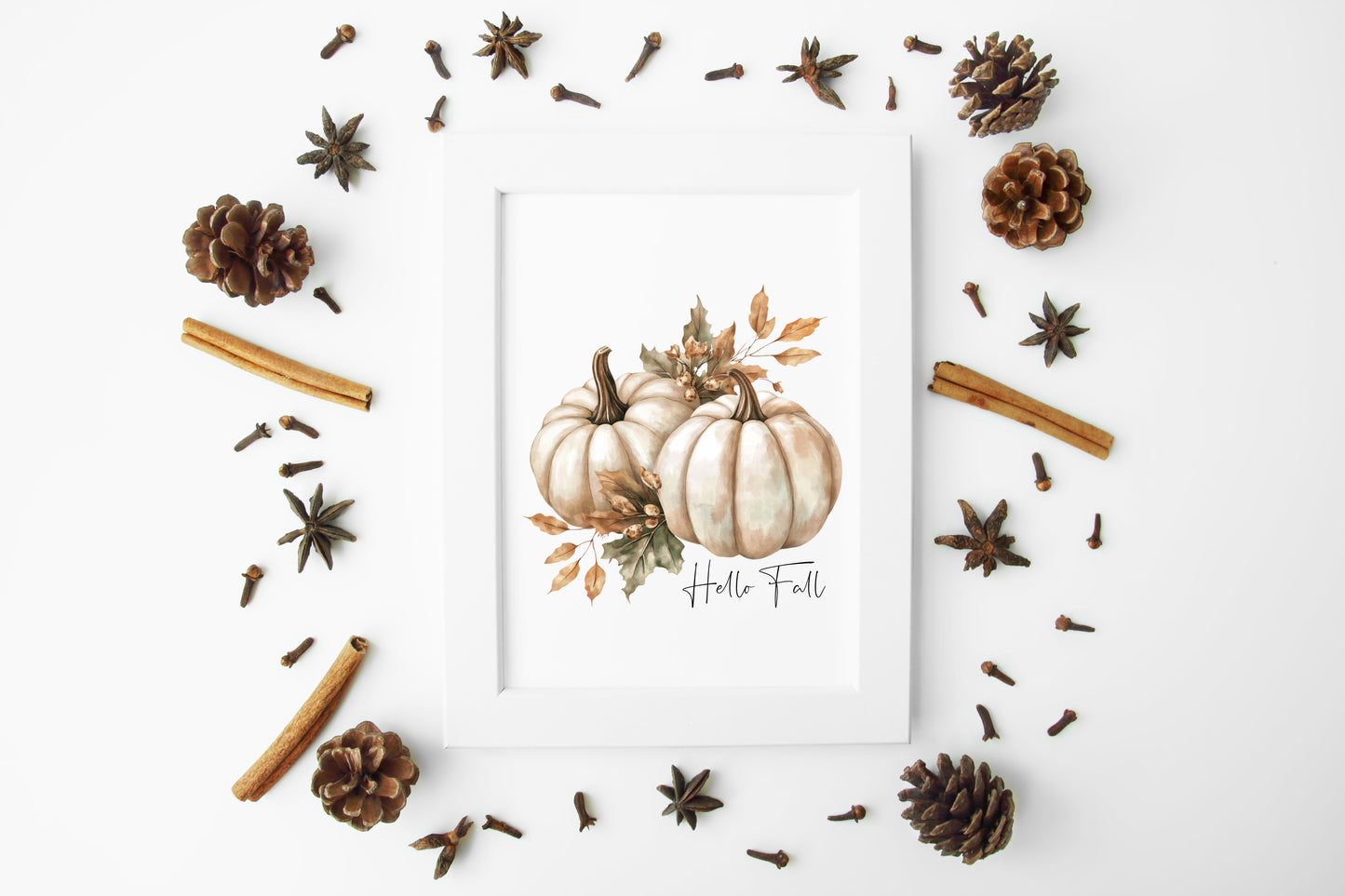 Autumn print Hello Fall Pumpkin & leaves seasonal Fall home decor unframed wall art poster print