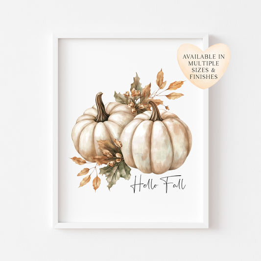 Autumn print Hello Fall Pumpkin & leaves seasonal Fall home decor unframed wall art poster print