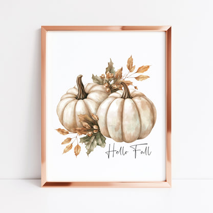 Autumn print Hello Fall Pumpkin & leaves seasonal Fall home decor unframed wall art poster print