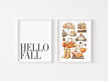 Set of 2 Autumn prints, Hello Fall, seasonal autumn favourites orange unframed wall art poster prints, seasonal decor, Autumn wall art set