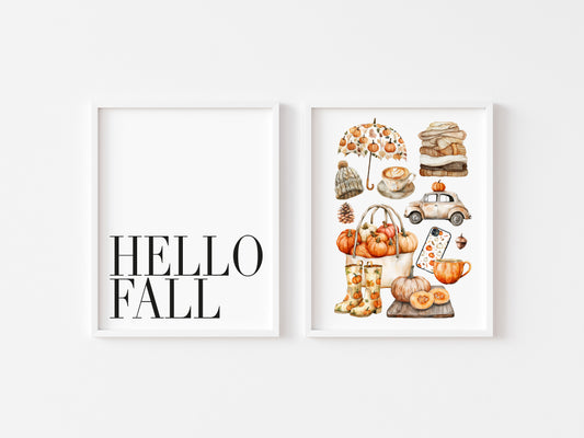 Set of 2 Autumn prints, Hello Fall, seasonal autumn favourites orange unframed wall art poster prints, seasonal decor, Autumn wall art set