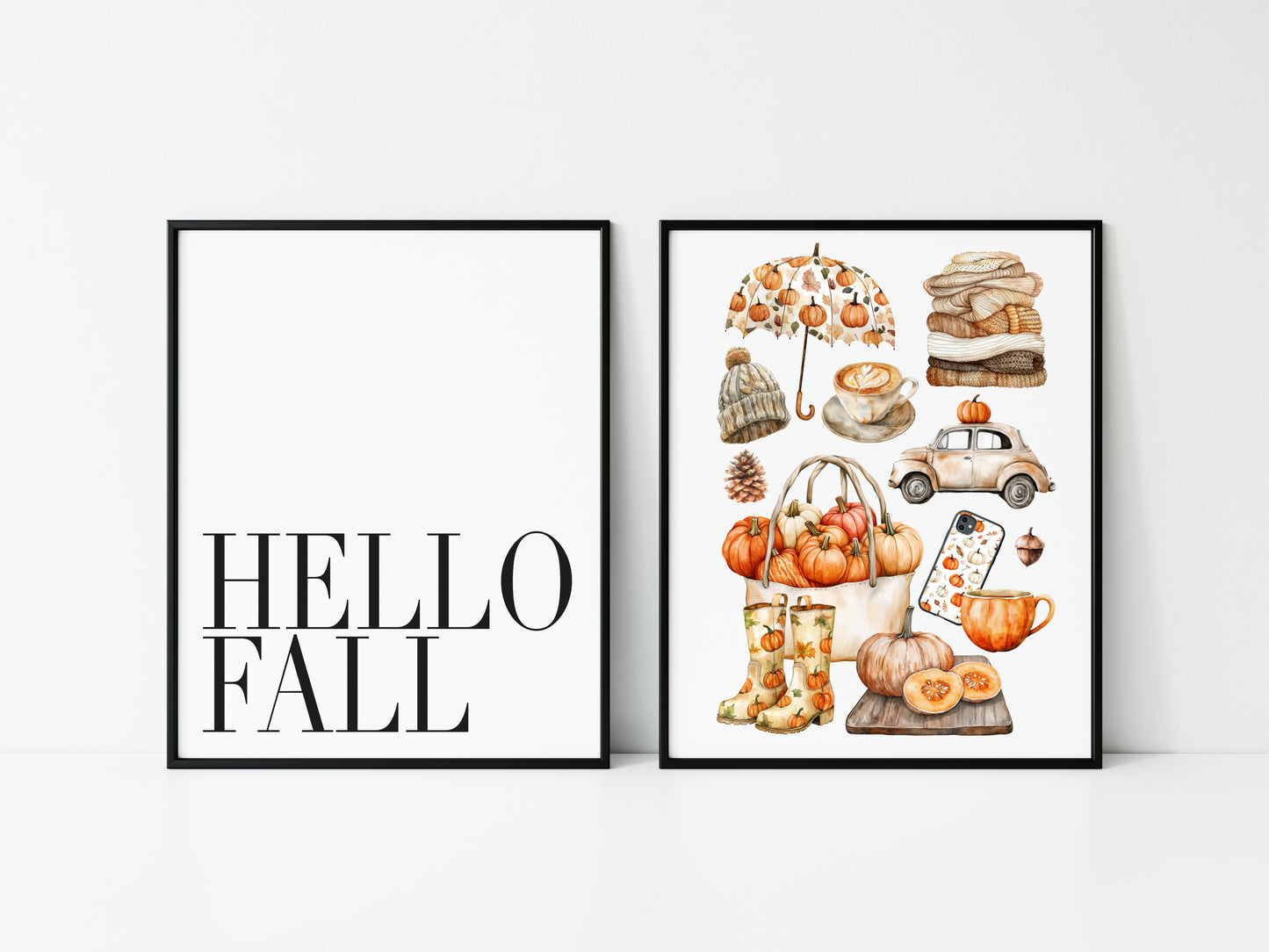 Set of 2 Autumn prints, Hello Fall, seasonal autumn favourites orange unframed wall art poster prints, seasonal decor, Autumn wall art set
