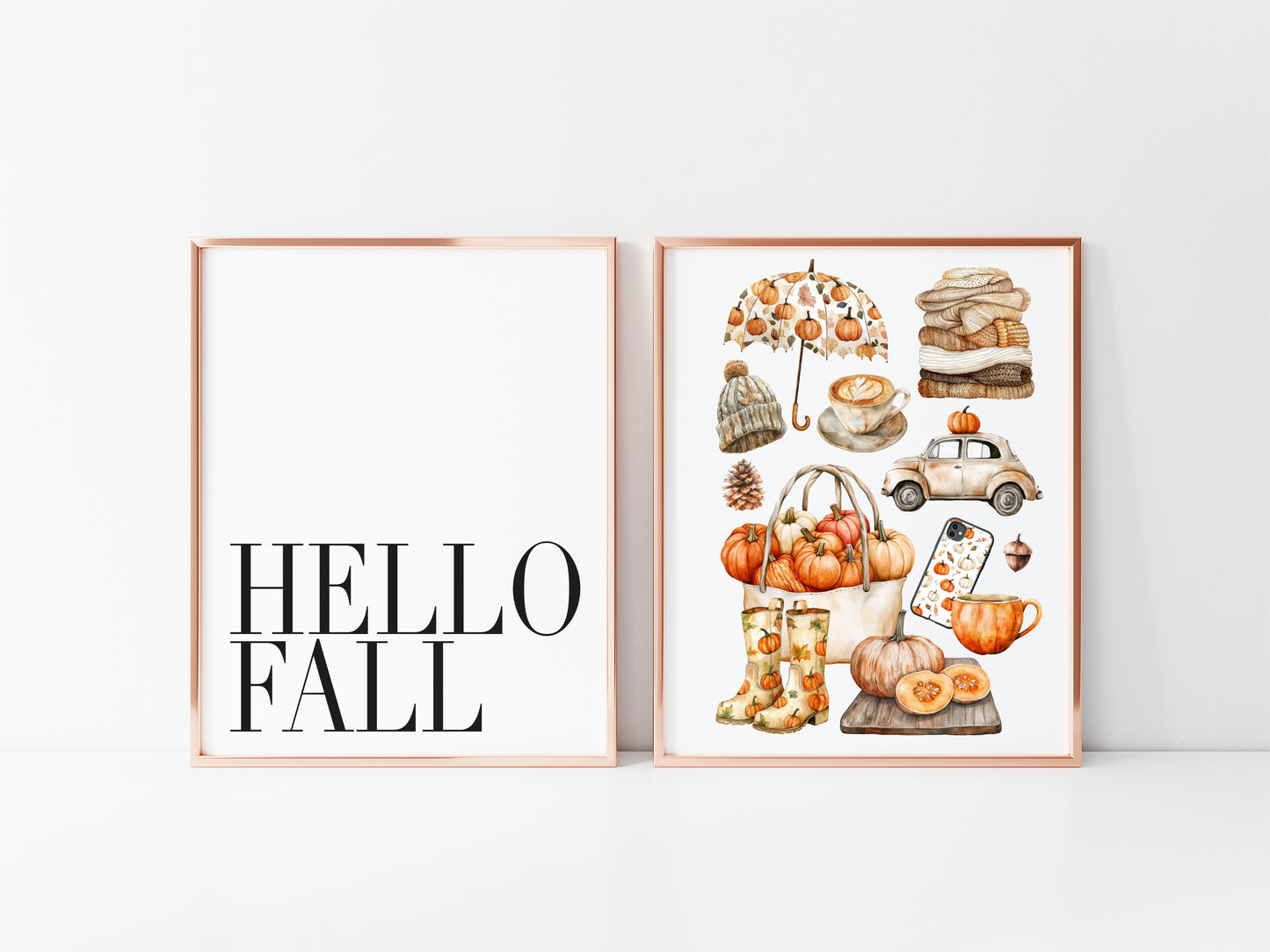 Set of 2 Autumn prints, Hello Fall, seasonal autumn favourites orange unframed wall art poster prints, seasonal decor, Autumn wall art set