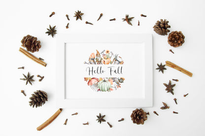 Hello Fall autumn accessories wreath watercolour landscape unframed wall art poster print